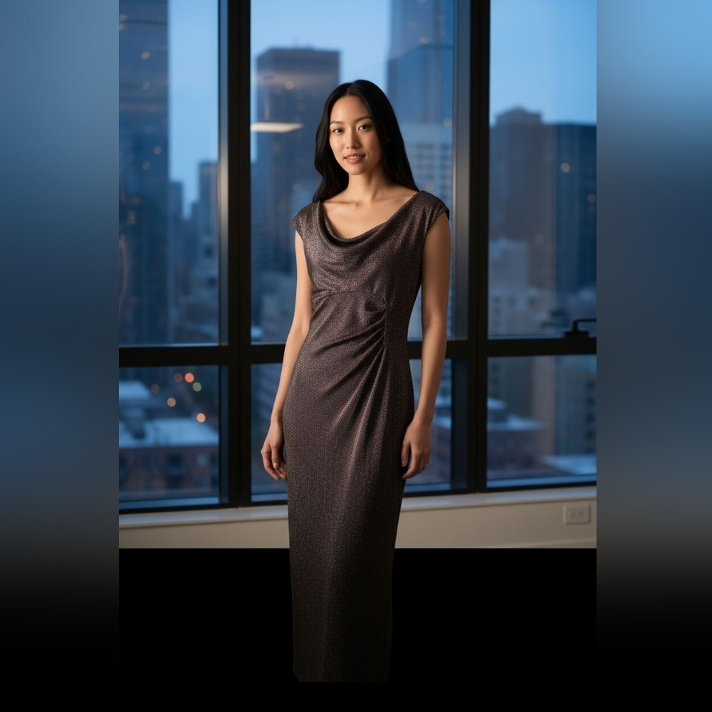 Lauren Ralph Lauren Evenings sz 2 gun metal gray metallic maxi gown dress